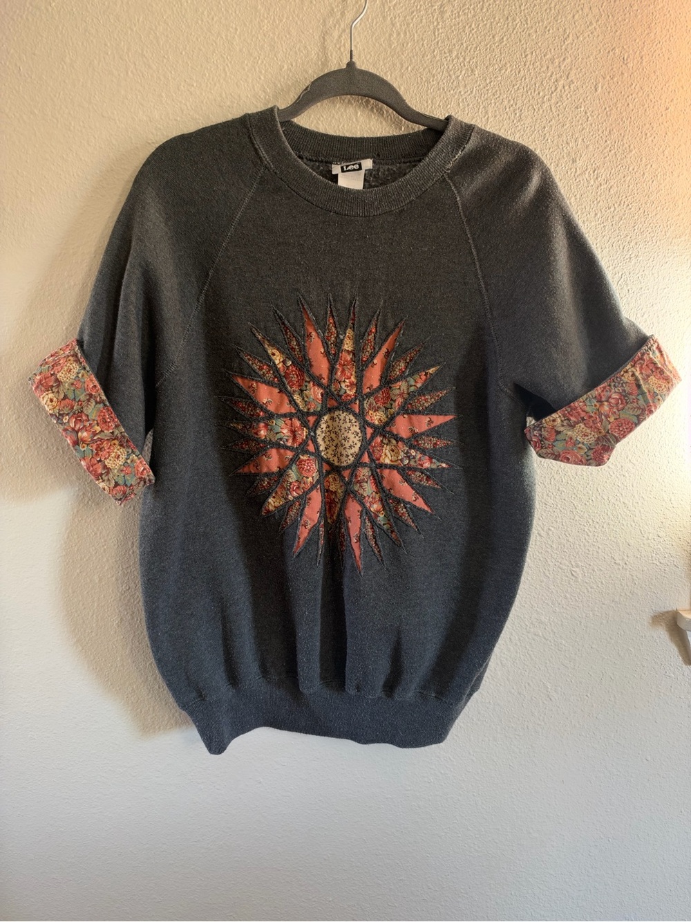 Vintage Lee Quilt Patchwork USA Made Short Sleeve Crewneck Sweatshirt Womens L